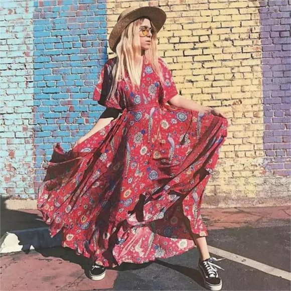 Red Lovebird Boho Floral Flare Maxi Dress W/Empire Waist Tassels&Batwing Sleeves - Picture 8 of 15